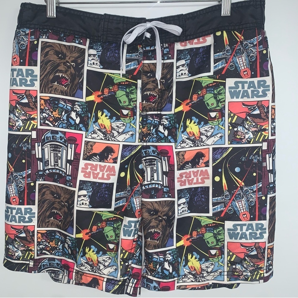 Star‎ Wars Board Swim Shorts Men’s Large Black Comic Print Elastic Waist - Picture 3 of 7
